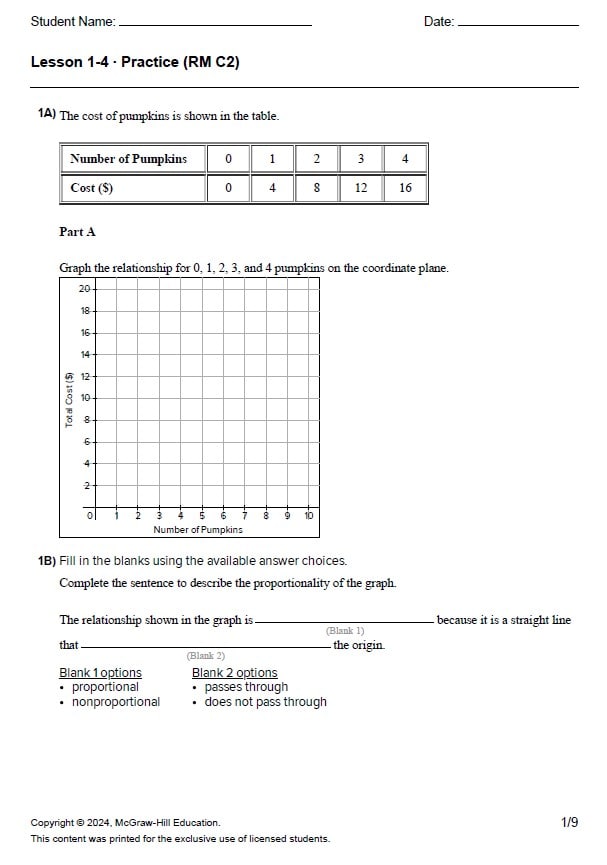 حل أوراق عمل Lesson 1-4 Practice الرياضيات المتكاملة الصف السابع ريفيل