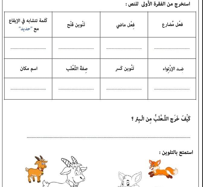 ورقة عمل النص التطبيقي الثعلب المكار والماعز الطيبة اللغة العربية الصف الثاني