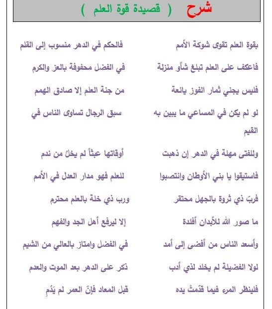 شرح قصيدة قوة العلم اللغة العربية الصف السابع