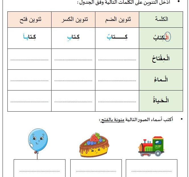 ورقة عمل درس التنوين اللغة العربية الصف الثاني