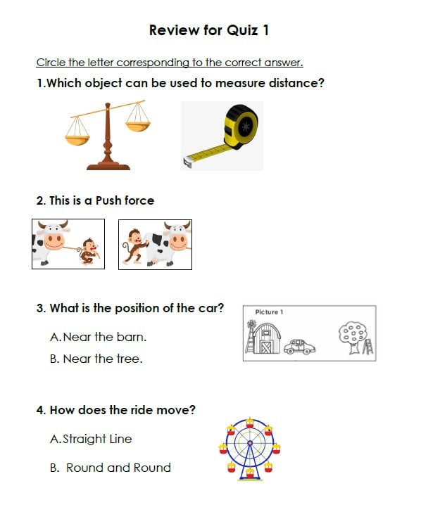 ورقة عمل Review for Quiz 1 العلوم المتكاملة الصف الثالث