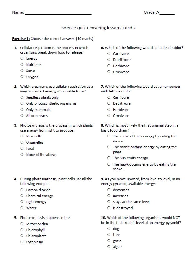 اختبار التقويم الأول Quiz 1 covering lessons 1 and 2 العلوم المتكاملة الصف السابع 