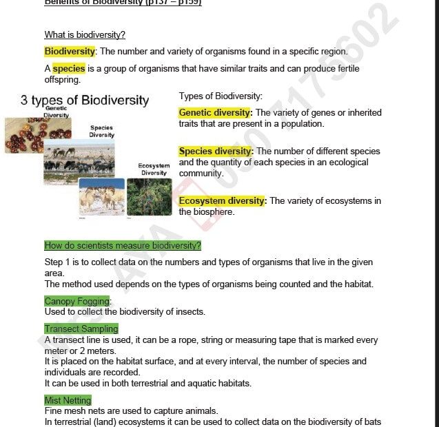 ملخص وأوراق عمل Benefits of Biodiversity العلوم المتكاملة الصف السابع