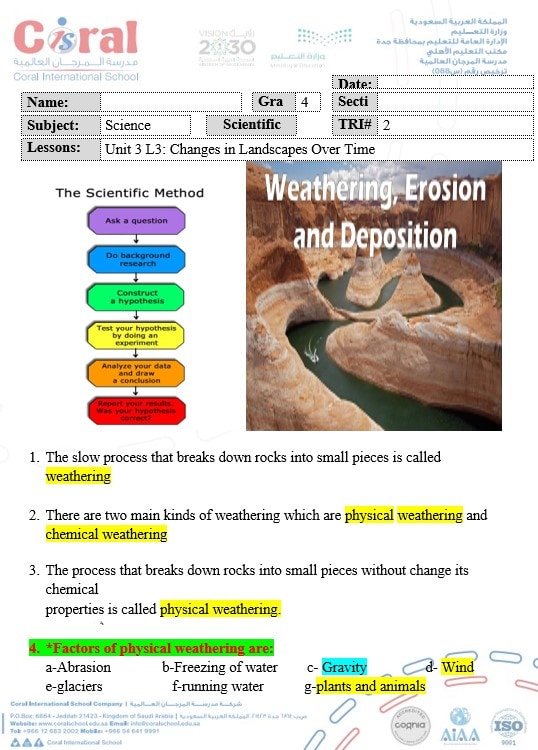 ملخص درس Changes in Landscapes Over Time العلوم المتكاملة الصف الرابع