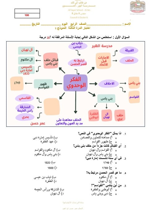 اختبار المرة الثالثة الدراسات الإجتماعية والتربية الوطنية الصف الرابع 