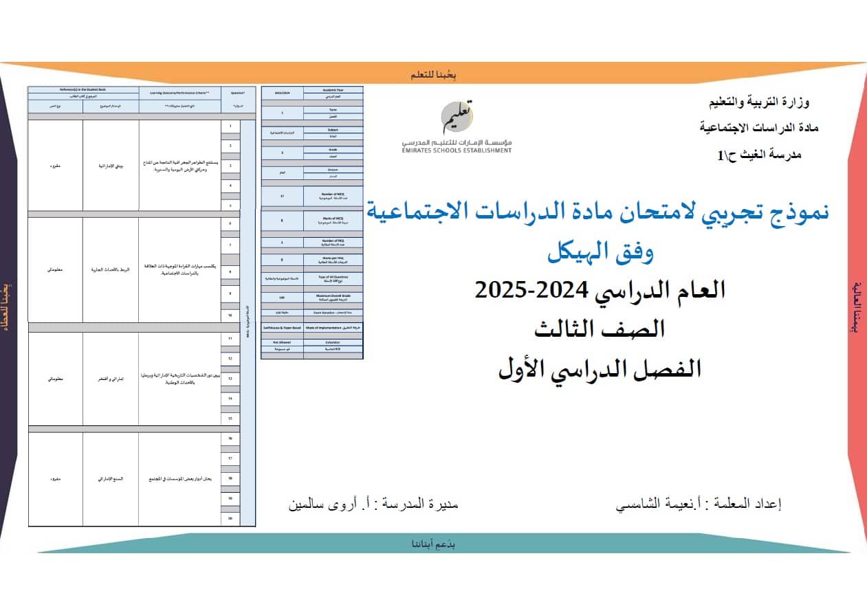 نموذج تدريبي لامتحان الدراسات الإجتماعية والتربية الوطنية الصف الثالث 