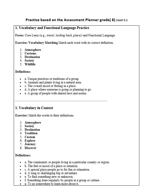 تدريبات عامة للامتحان اللغة الإنجليزية الصف الثامن عام