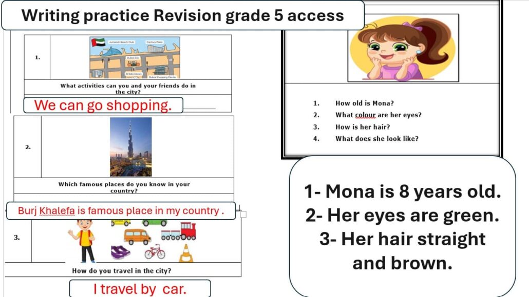 حل تدريبات Writing practice Revision اللغة الإنجليزية الصف الخامس أكسس - بوربوينت