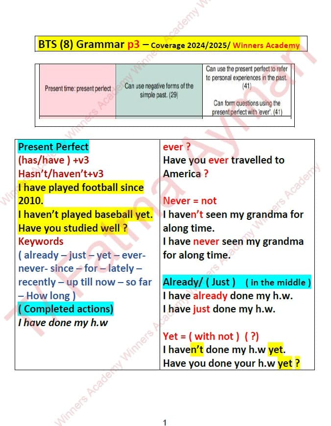 شرح الجزء الثالث Grammar وفق الهيكل اللغة الإنجليزية الصف الثامن