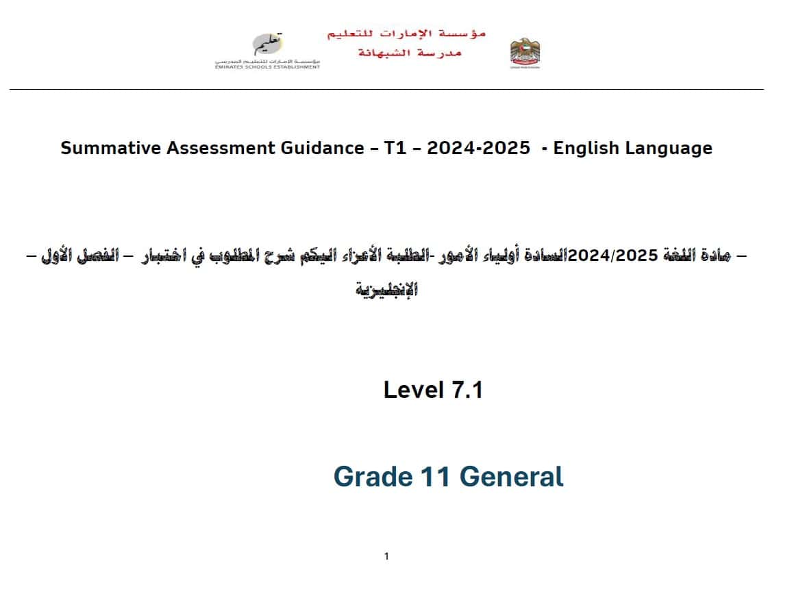 شرح المطلوب في اختبار اللغة الإنجليزية الصف الحادي عشر عام