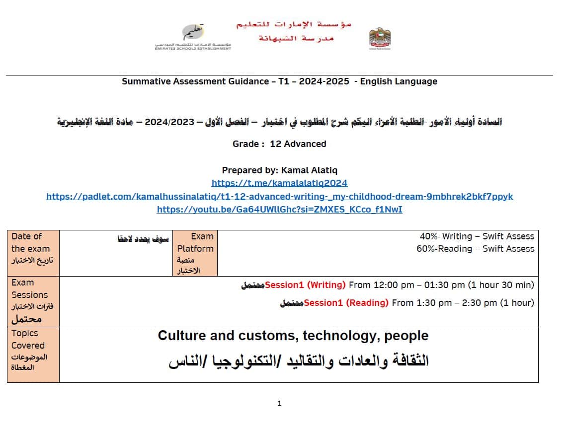 شرح هيكل الامتحان اللغة الإنجليزية الصف الثاني عشر متقدم