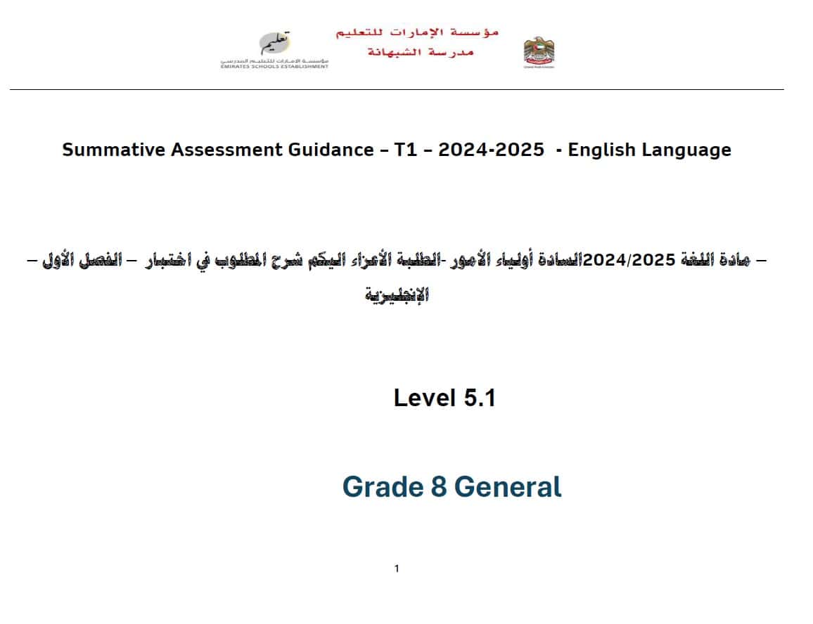 شرح المطلوب في اختبار اللغة الإنجليزية الصف الثامن عام