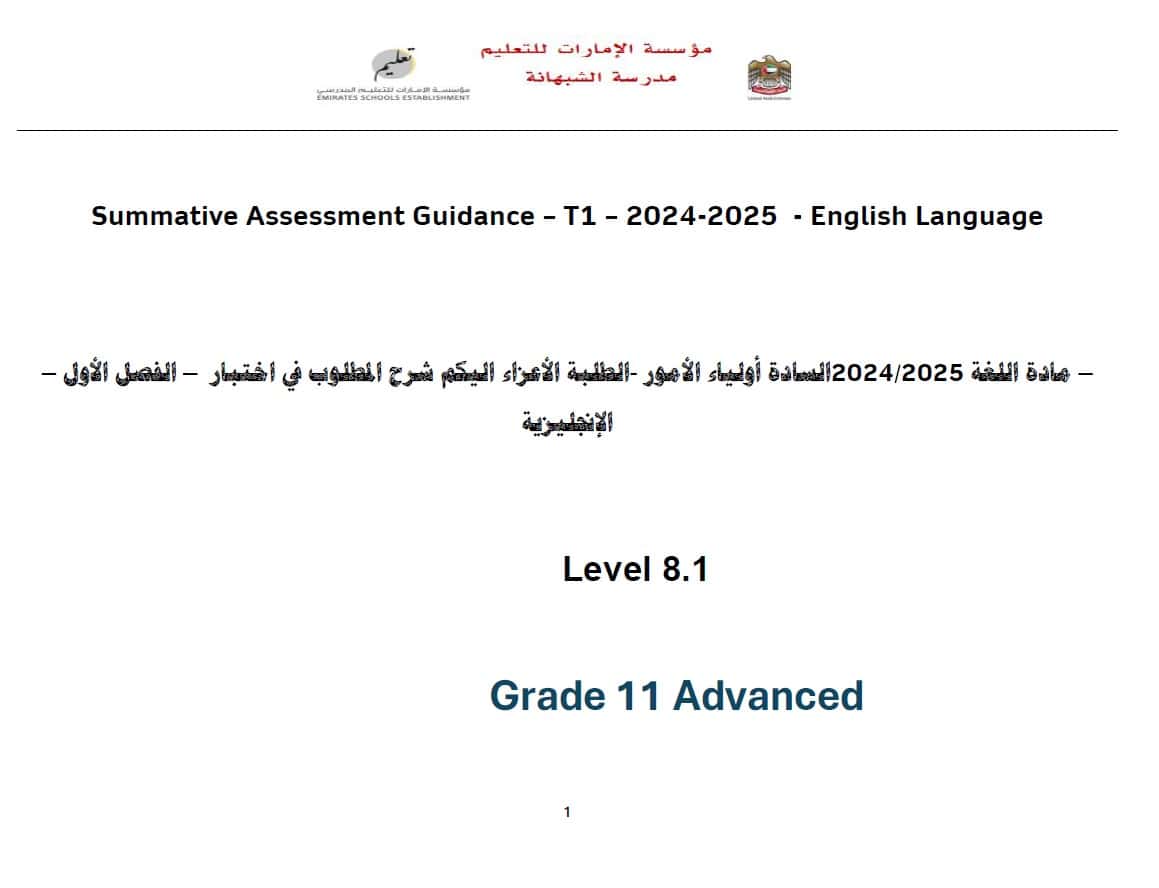 شرح المطلوب في اختبار اللغة الإنجليزية الصف الحادي عشر متقدم