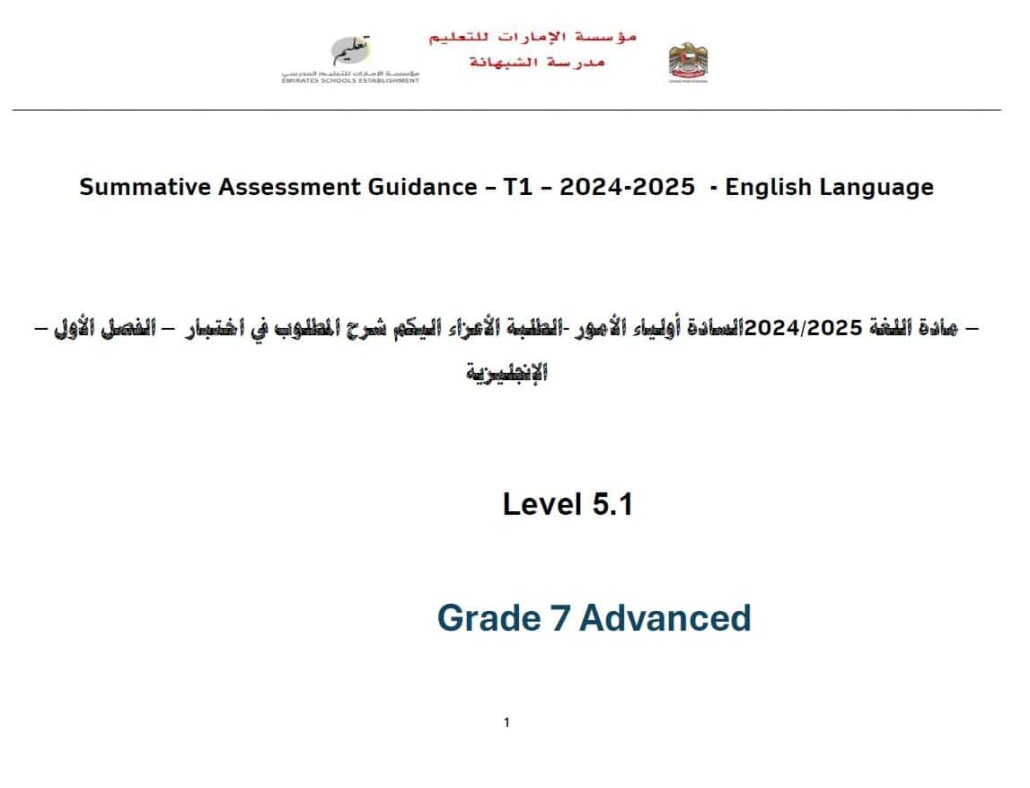 شرح المطلوب في اختبار اللغة الإنجليزية الصف السابع متقدم