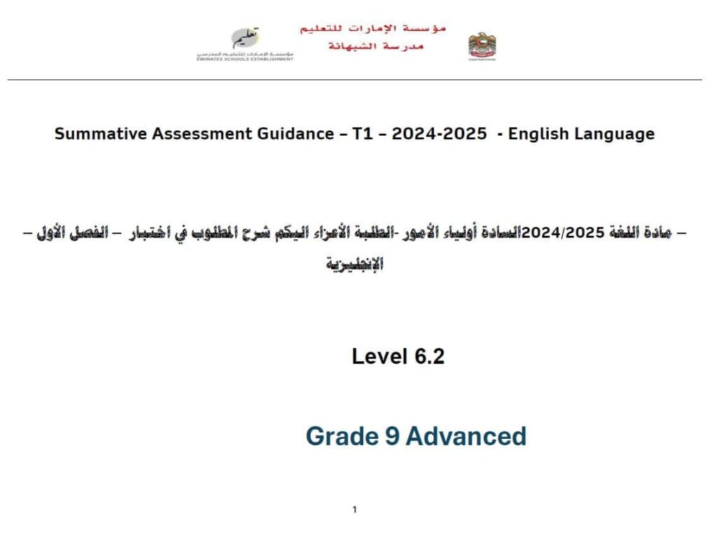 شرح المطلوب في اختبار اللغة الإنجليزية الصف التاسع متقدم