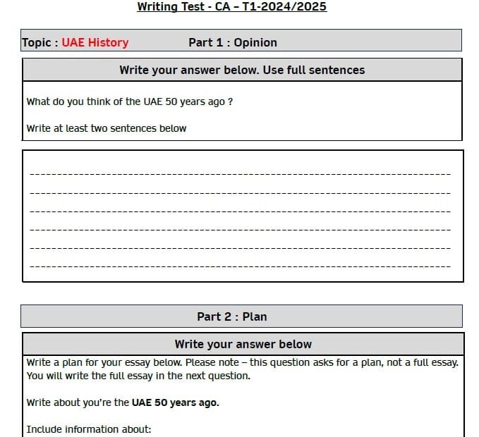 ورقة عمل UAE History Writing Test اللغة الإنجليزية الصف العاشر متقدم