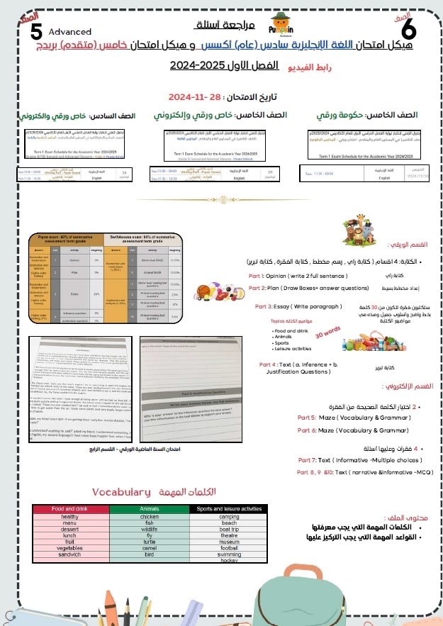 حل مراجعة هيكل امتحان اللغة الإنجليزية الصف السادس أكسس