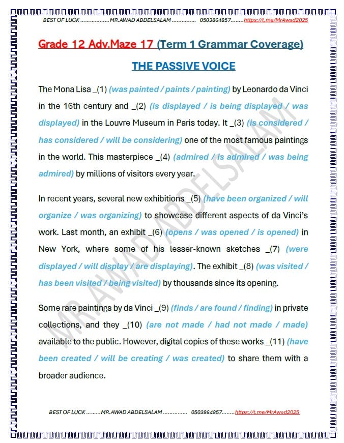 ورقة عمل THE PASSIVE VOICE اللغة الإنجليزية الصف الثاني عشر متقدم