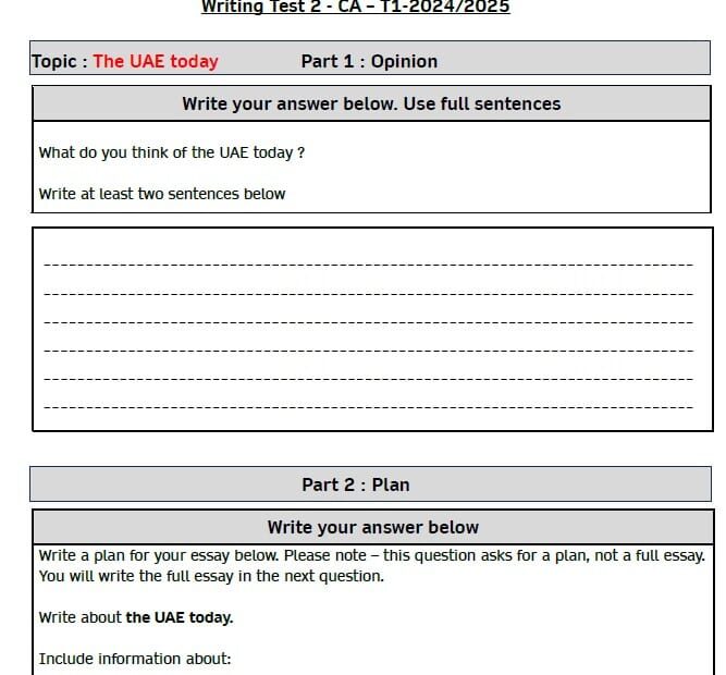 ورقة عمل The UAE today Writing Test اللغة الإنجليزية الصف العاشر متقدم