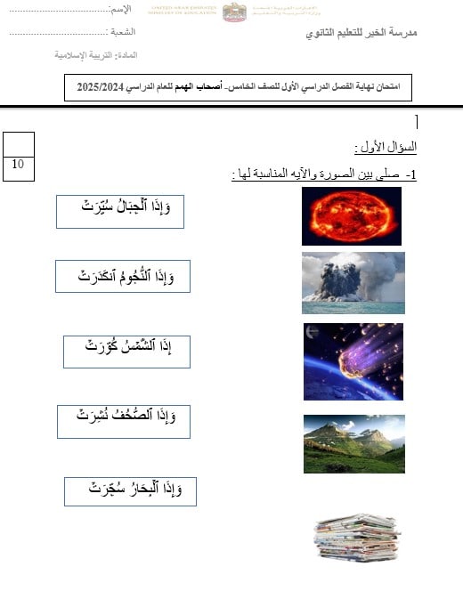 امتحان نهاية نهائي لأصحاب الهمم التربية الإسلامية الصف الخامس الفصل الدراسي الأول 2024-2025