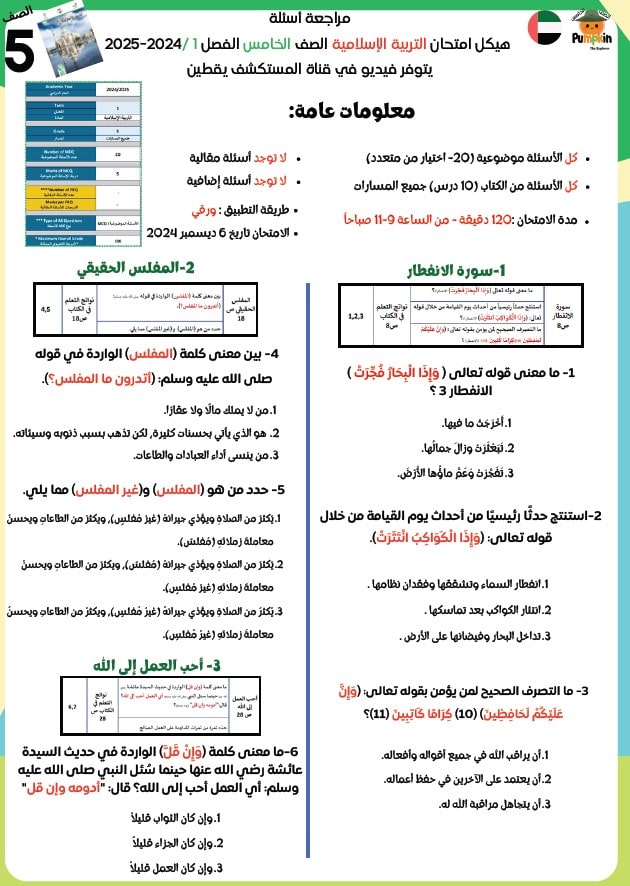 مراجعة أسئلة هيكل امتحان التربية الإسلامية الصف الخامس 