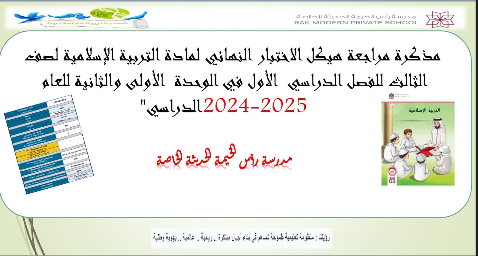 مذكرة مراجعة هيكل الاختبار النهائي التربية الإسلامية الصف الثالث