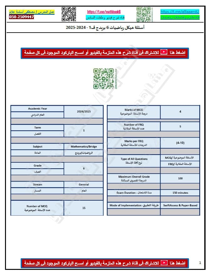 أسئلة هيكل امتحان الرياضيات المتكاملة الصف السادس عام 