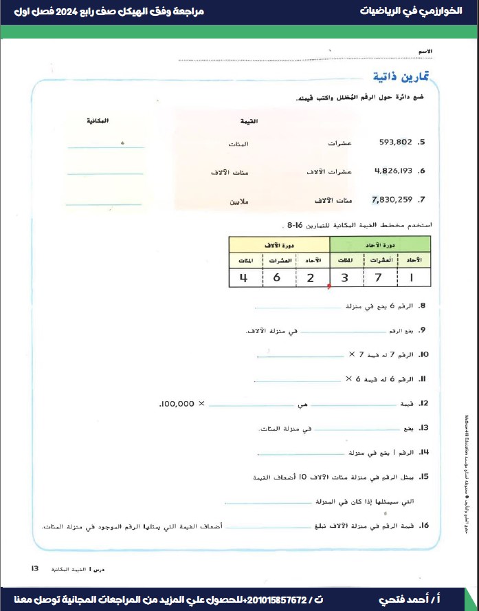 مراجعة وفق الهيكل الوزاري الرياضيات المتكاملة الصف الرابع عام 