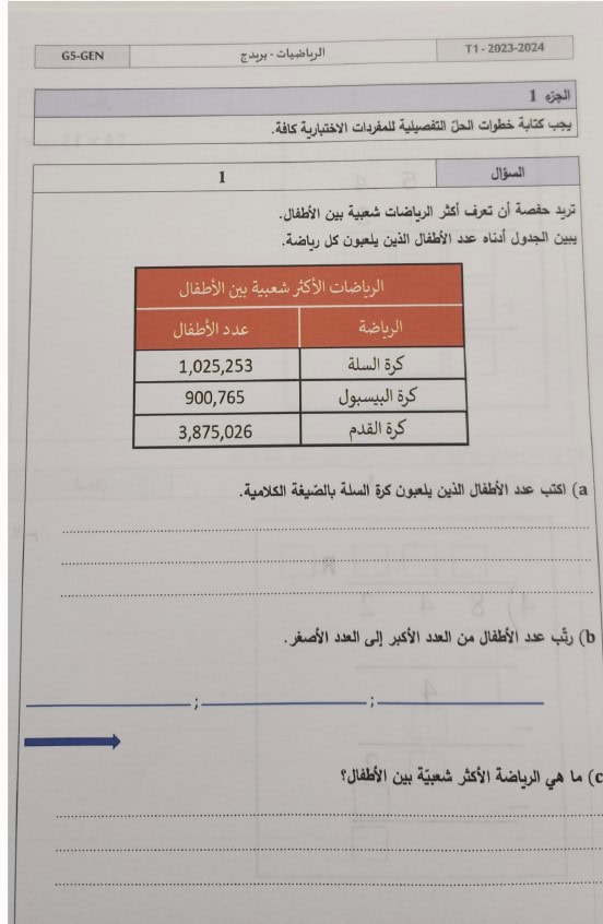 امتحان نهائي الرياضيات المتكاملة الصف الخامس عام بريدج الفصل الدراسي الأول 2023-2024