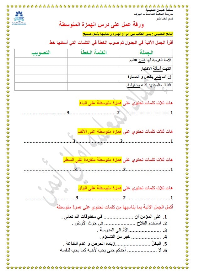 ورقة عمل درس الهمزة المتوسطة اللغة العربية الصف الخامس