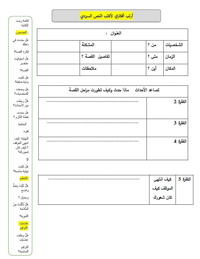 مخطط مساعد للنص السردي اللغة العربية الصف التاسع