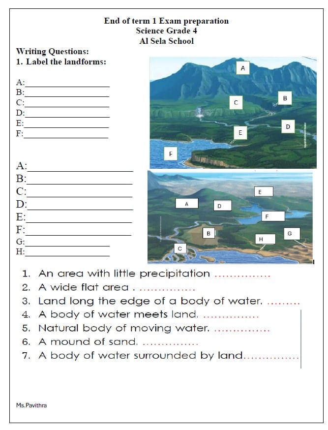 أسئلة كتابية Exam preparation العلوم المتكاملة الصف الرابع انسبير 