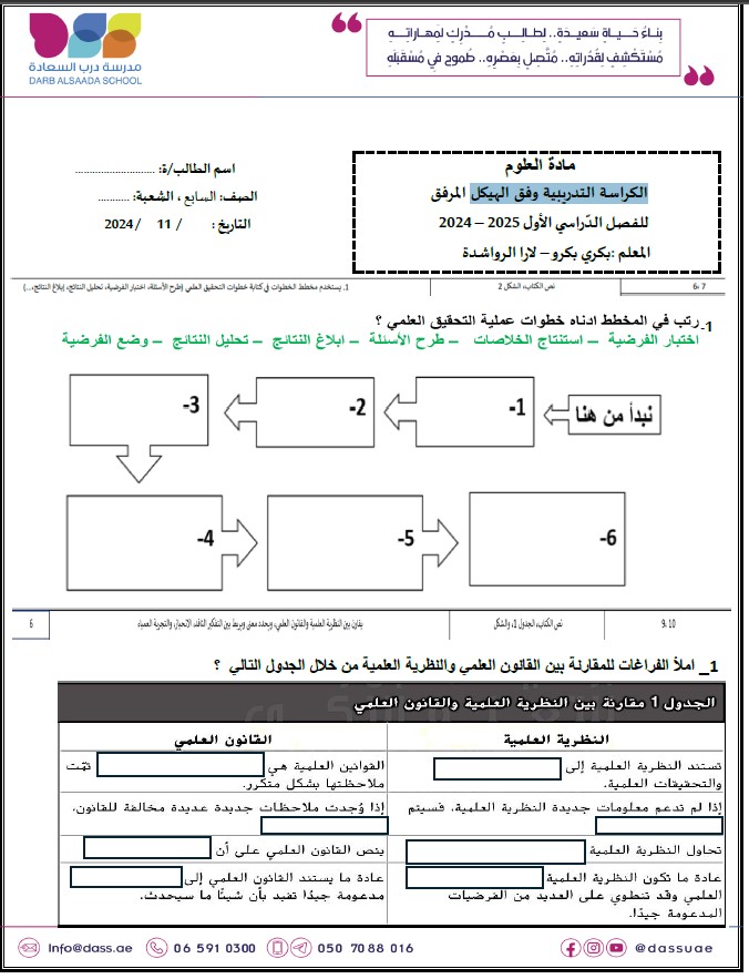 حل الكراسة التدريبية وفق الهيكل العلوم المتكاملة الصف السابع