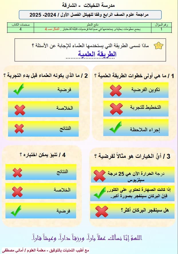 حل مراجعة عامة للامتحان العلوم المتكاملة الصف الرابع عام