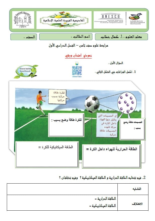 نموذج امتحان ورقي العلوم المتكاملة الصف الثامن عام