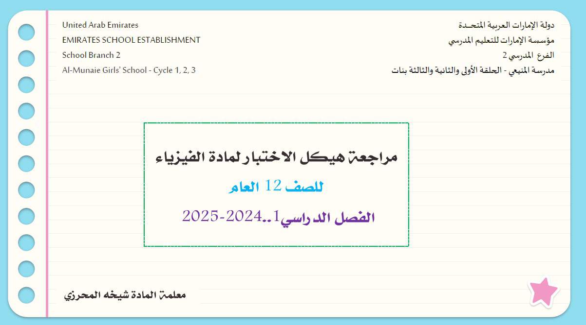 حل مراجعة هيكل امتحان الفيزياء الصف الثاني عشر عام 