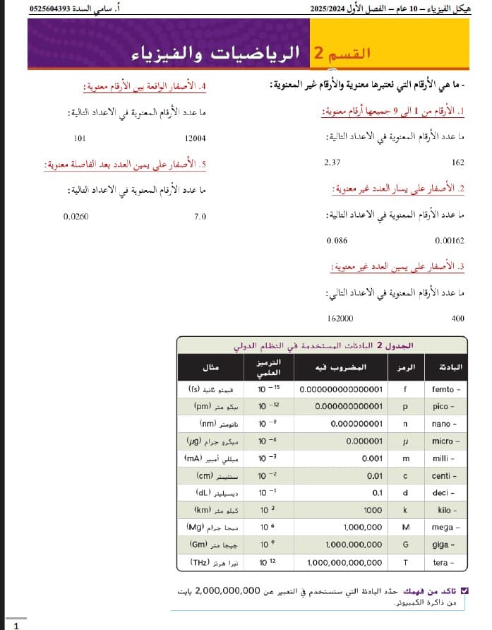 مراجعة عامة لصفحات الهيكل الفيزياء الصف العاشر عام