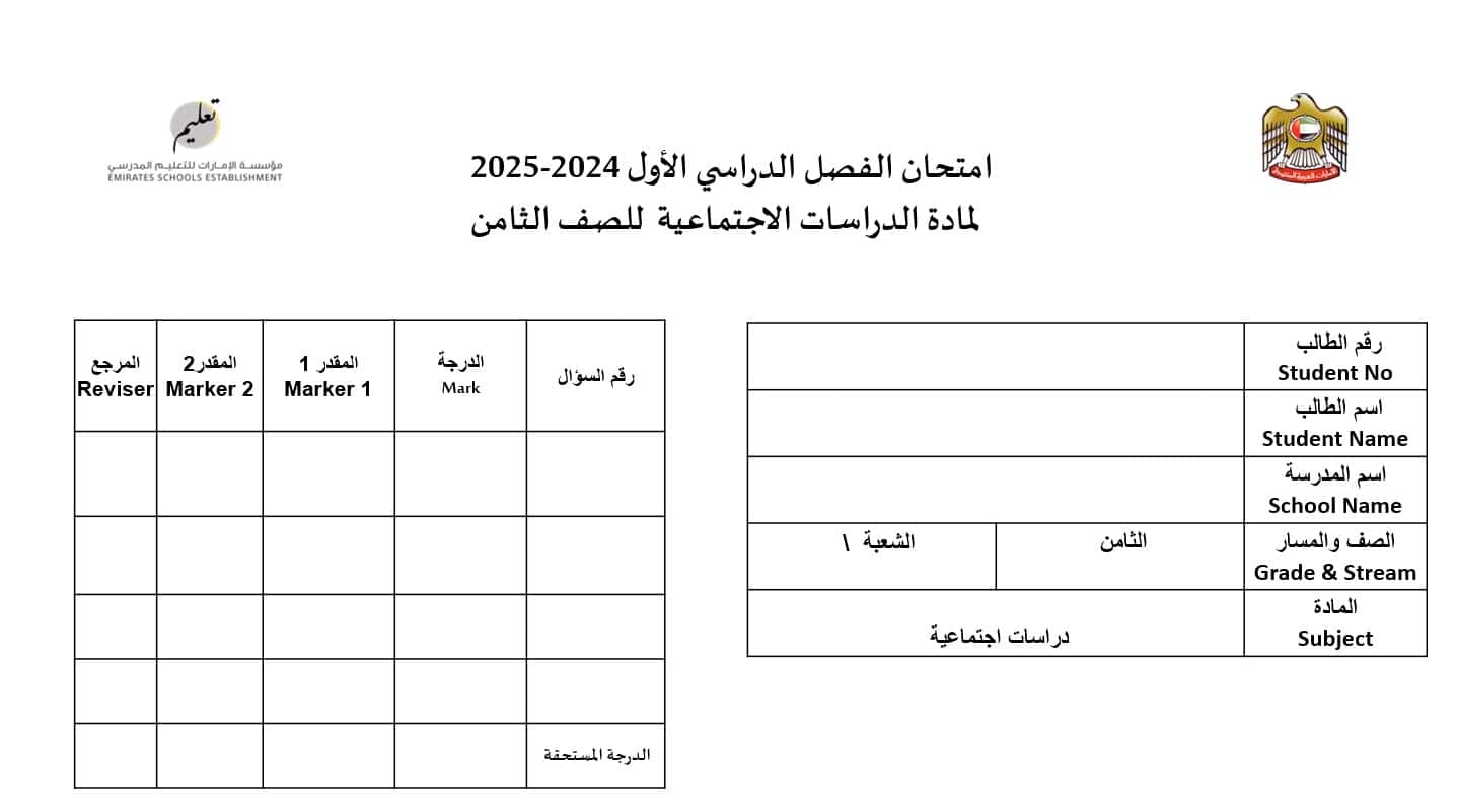 نموذج امتحان نهائي الدراسات الإجتماعية والتربية الوطنية الصف الثامن - بوربوينت 