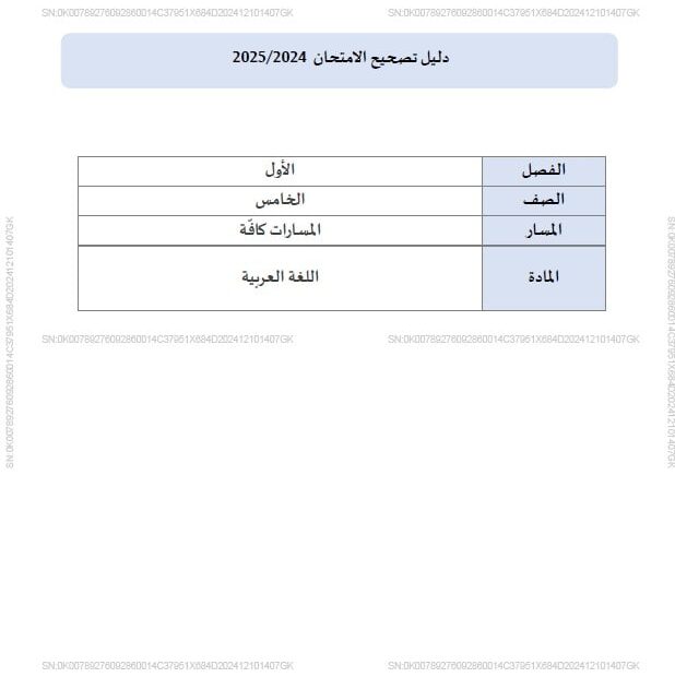 دليل تصحيح امتحان اللغة العربية الصف الخامس الفصل الدراسي الأول 2024-2025