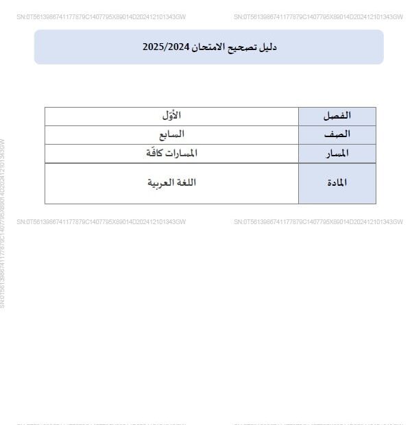 دليل تصحيح امتحان اللغة العربية الصف السابع الفصل الدراسي الأول 2024-2025