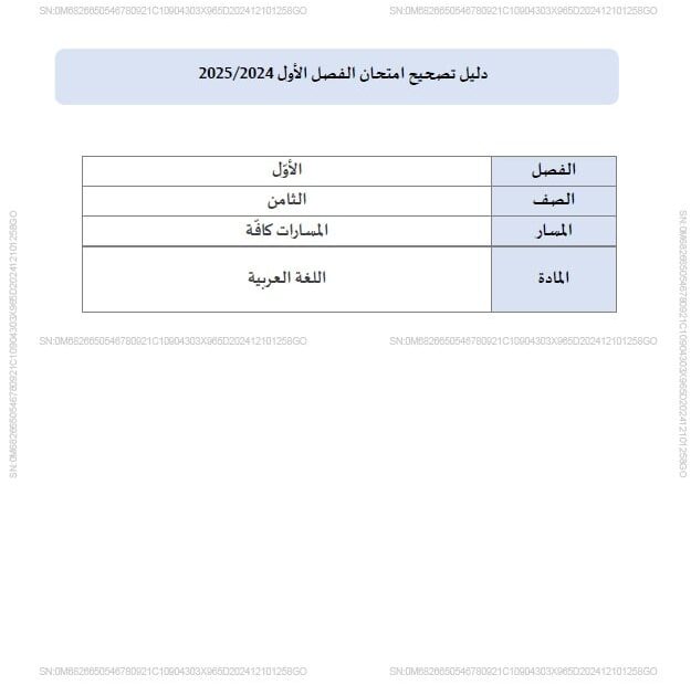 دليل تصحيح امتحان اللغة العربية الصف الثامن الفصل الدراسي الأول 2024-2025