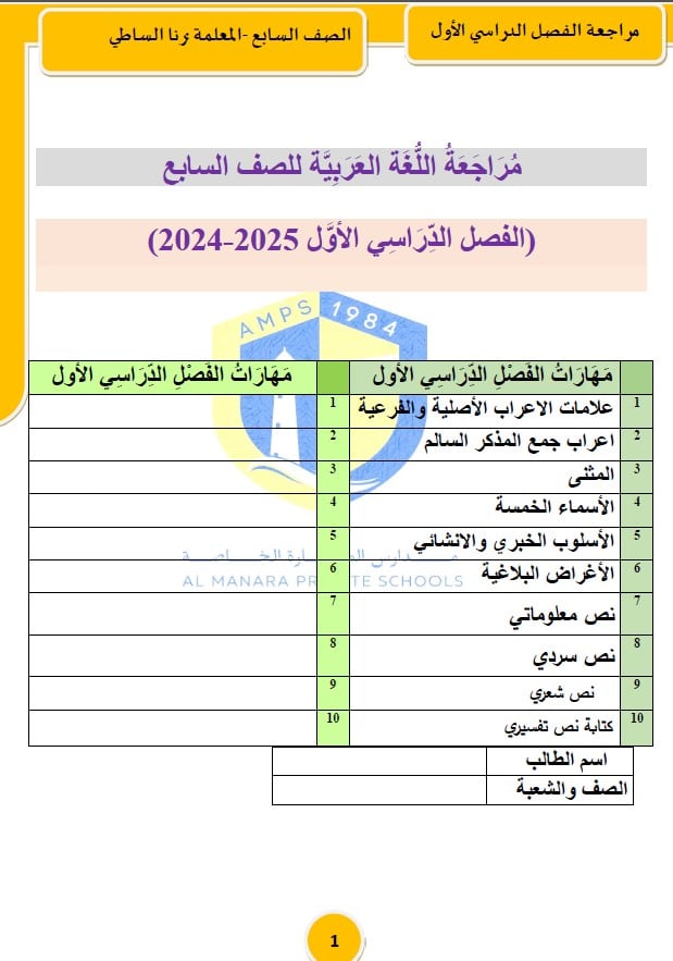 مراجعة عامة للامتحان النهائي اللغة العربية الصف السابع