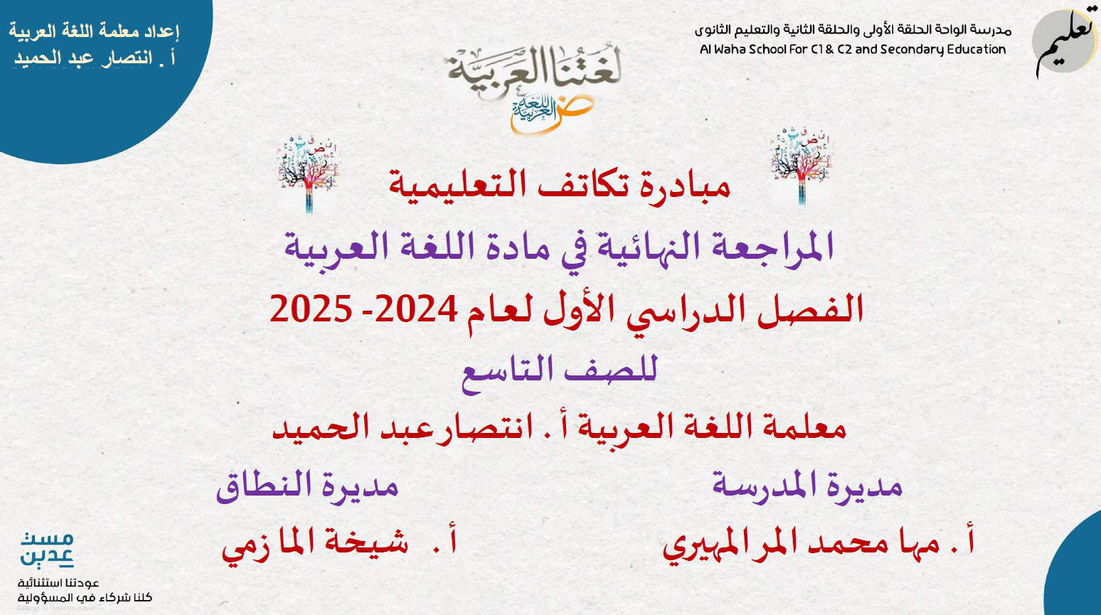 المراجعة النهائية للامتحان اللغة العربية الصف التاسع