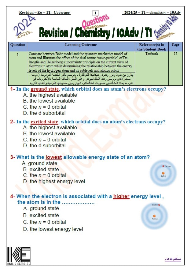 حل مراجعة عامة Revision الكيمياء الصف العاشر متقدم 