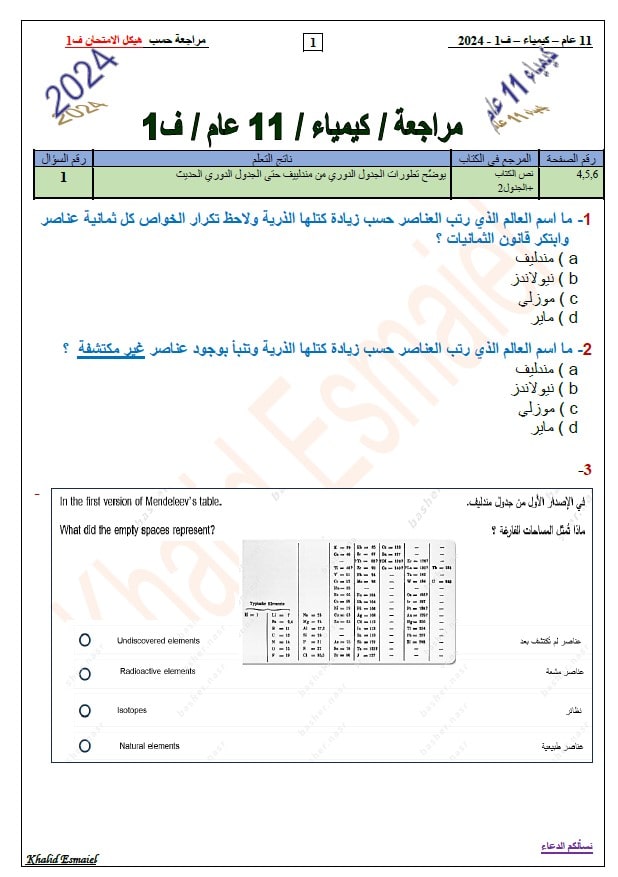 حل مراجعة حسب الهيكل الكيمياء الصف الحادي عشر عام