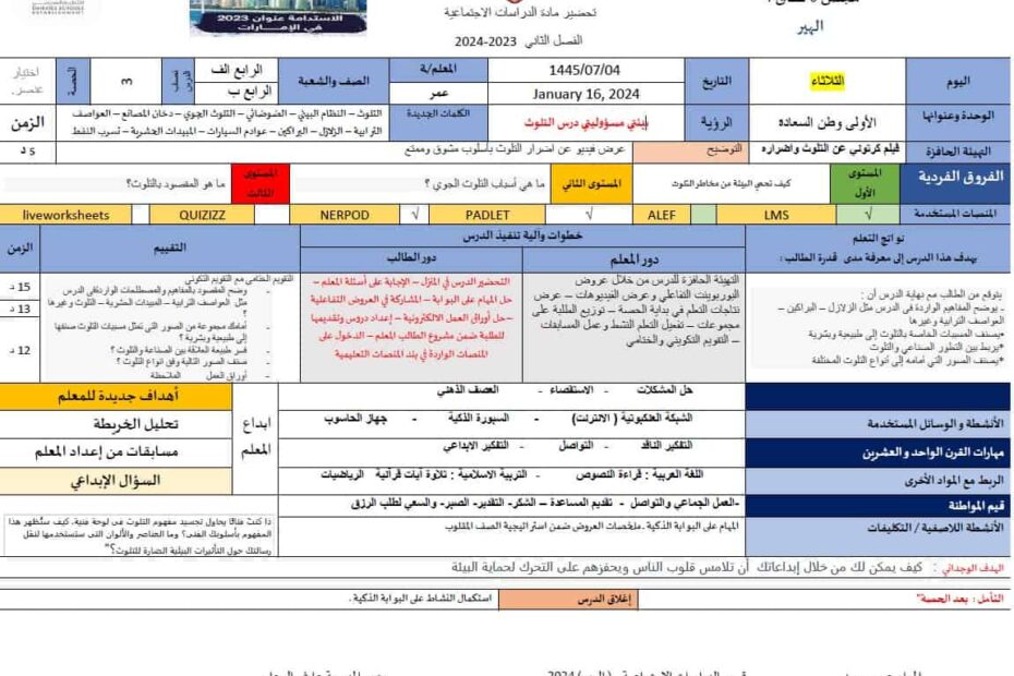 الخطة الدرسية اليومية التلوث الدراسات الإجتماعية والتربية الوطنية الصف الرابع