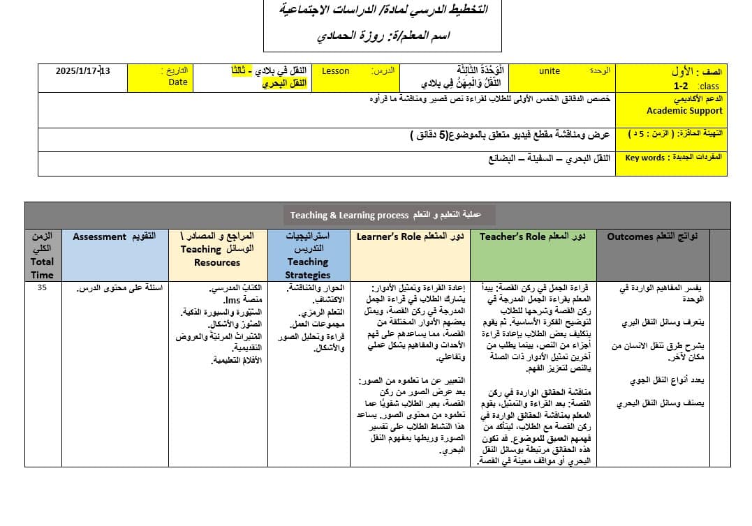 الخطة الدرسية اليومية النقل البحري الدراسات الإجتماعية والتربية الوطنية الصف الأول