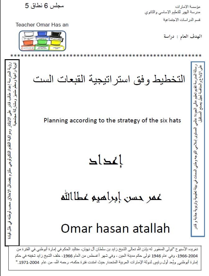 أوراق عمل تعاوني استراتيجية القبعات الست الدراسات الإجتماعية والتربية الوطنية الصف الرابع