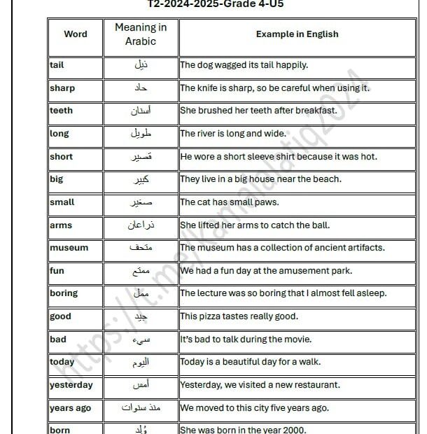 حل أوراق عمل الوحدة الخامسة اللغة الإنجليزية الصف الرابع