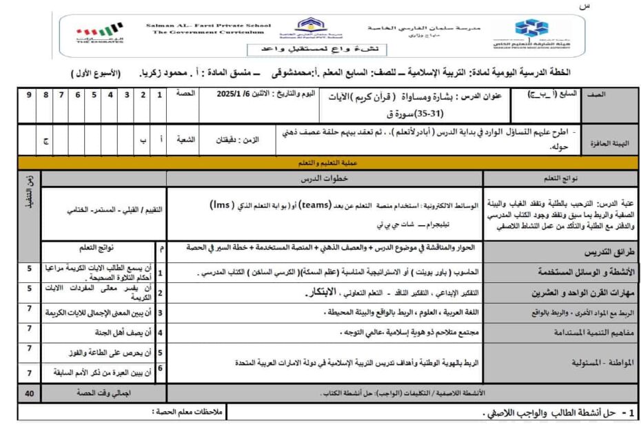 الخطة الدرسية اليومية بشارة ومساواة التربية الإسلامية الصف السابع